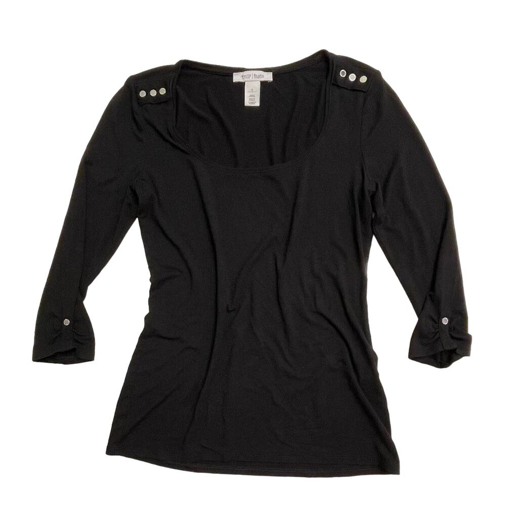 WHBM Black Knit 3/4 Sleeve Scoop Neck with Silver Buttons Top Size Small